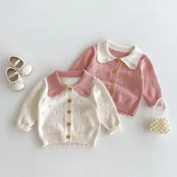 2024 Autumn New Children Long Sleeve Knit Coat Infant Girl Lapel Sweater Cardigan Baby Cotton Knitted Jacket Kids Clothes