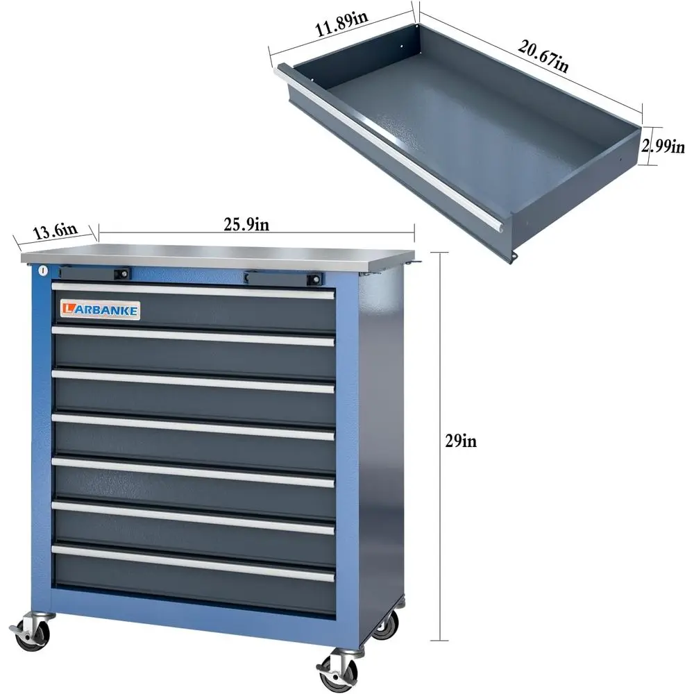 7-Drawer Metal Tool Chest with Stainless Steel Top, 8-Drawer Box, Locking System, Swivel Wheels, and Boot Pad