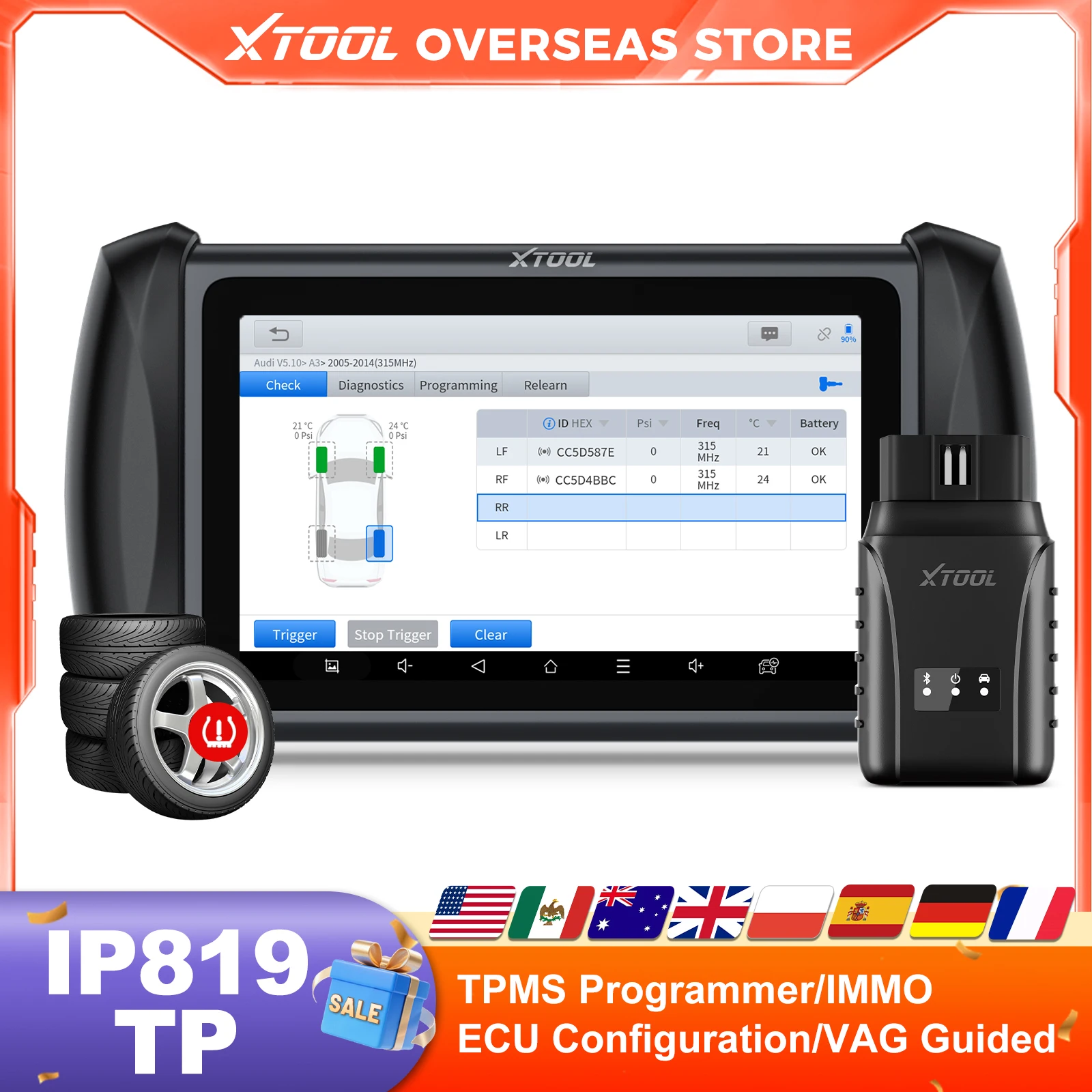 XTOOL InPlus IP819TP TPMS Programming Bluetooth Car Diagnostic Tool ECU Coding 39+ Services Program TS100-Sensor Built-in CANFD Bi-Directional Control