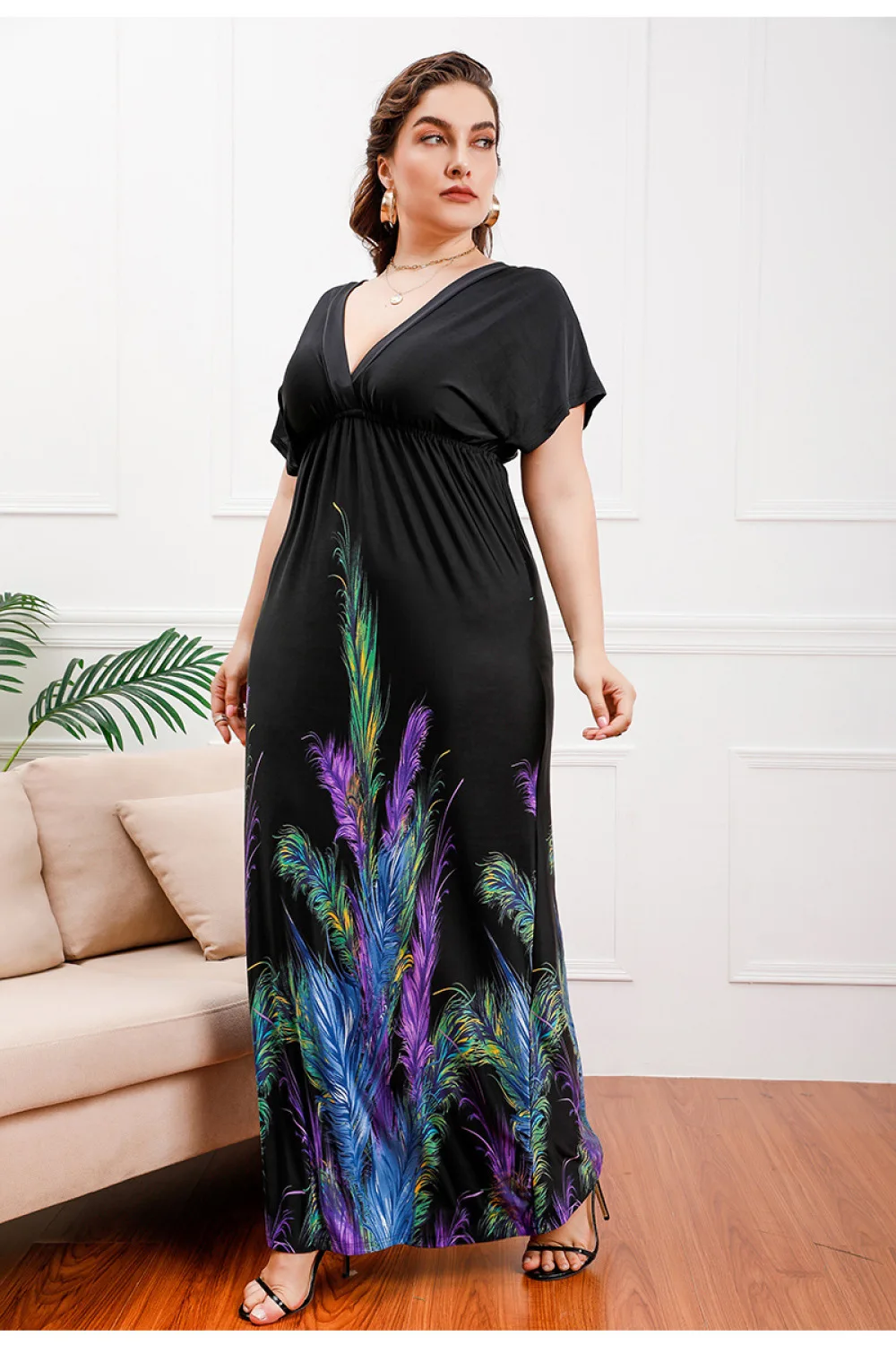 Plus Size Temperament Women Dress Summer New Batwing Sleeve Backless V-Neck Loose Graceful Butterfly Printed Beach Sexy Clothes