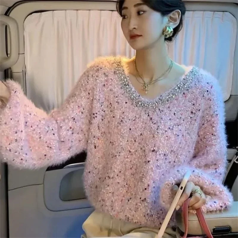 Trapano per unghie Colore Cuciture a pois Versione coreana del morbido maglione ceroso Autunno da donna Nuovo vento pigro Moda Top a maniche lunghe