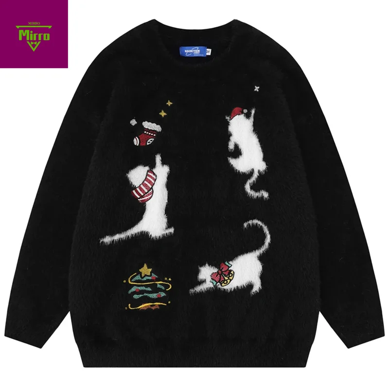 

【Mirrordust】Cat Graphic Sweaters Men Oversized Y2K Sweaters Black White Loose Knit Jumpers Streetwear Harajuku Sweaters Knitwear