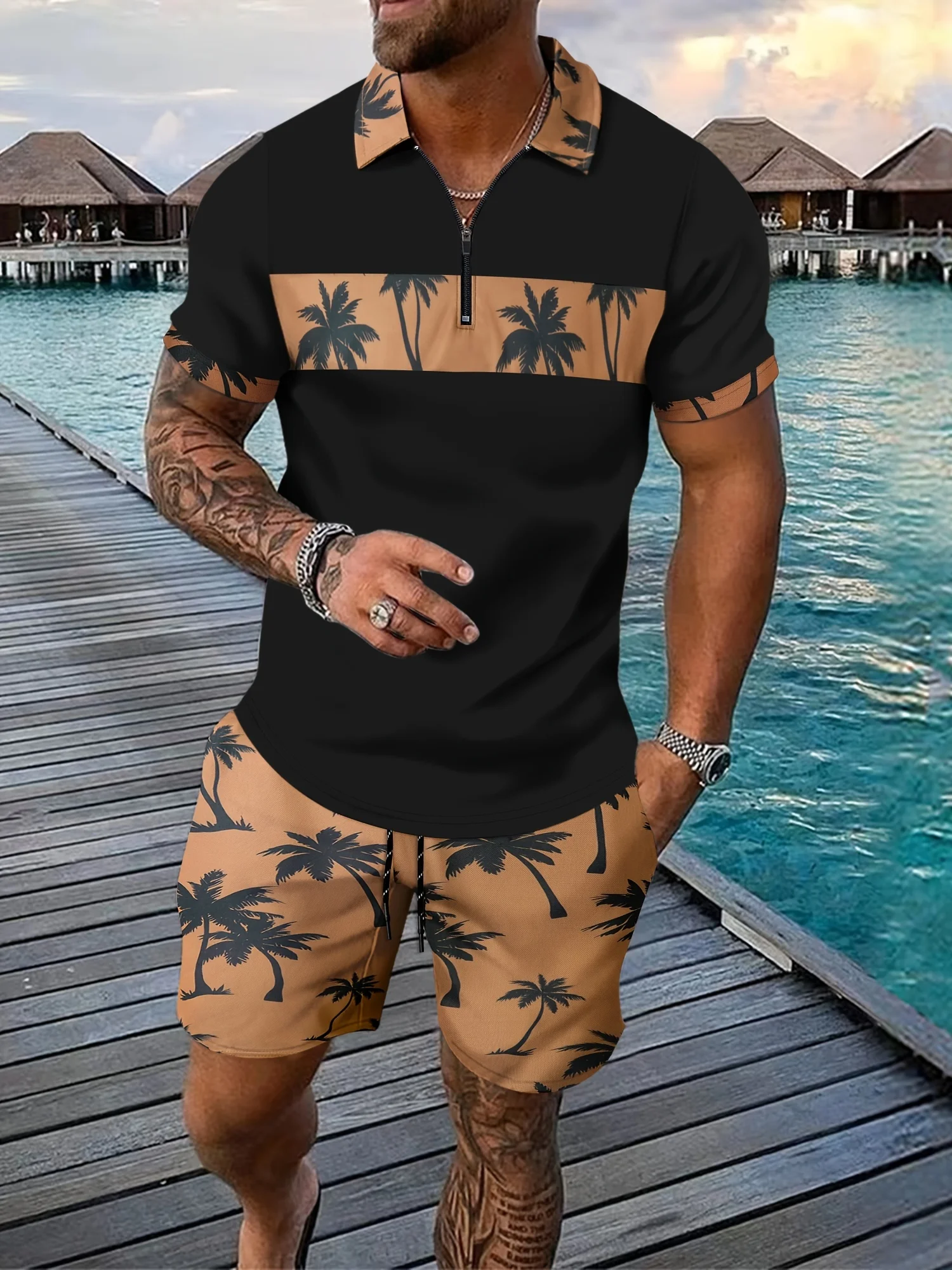 2-piece Men\'s Summer Holiday Style Outfit Set Short Sleeve Zip Golf Shirt & Waist Drawstring Shorts With Pockets Beach Resorts