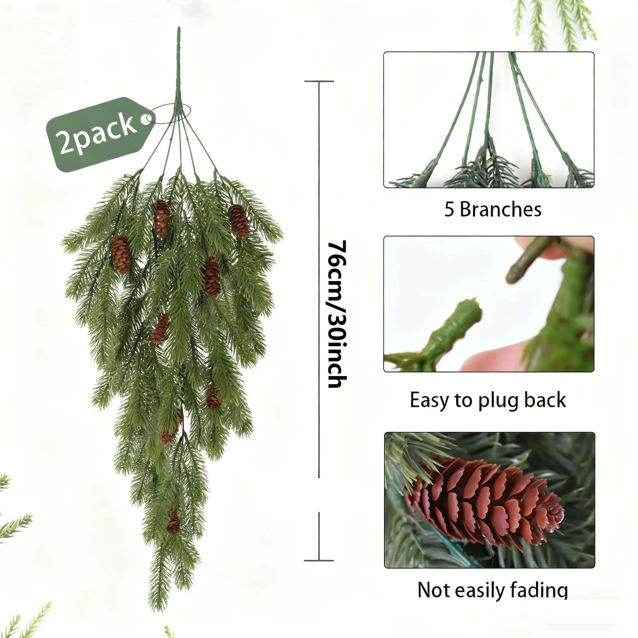 قطعتان من زينة دمعة الأرز الاصطناعية لعيد الميلاد، دمعة صنوبر نورفولك الثلجية الصناعية - عيد الميلاد - ديكور موسمي