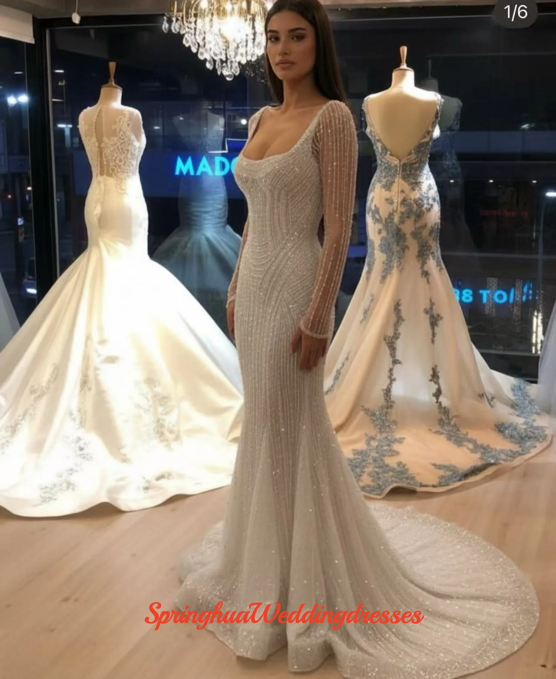 Customized Gorgeous Beaded Square Neck Wedding Dress Elegant Mermaid Long Sleeve Bridal Gown New Charming Dresses For Bride