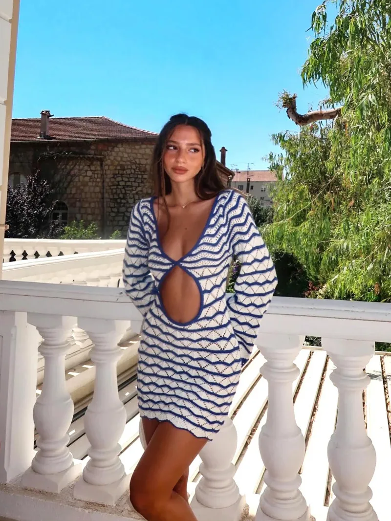 Sexy Boho Striped Chic V-neck Cut Out Bell Sleeve Knit Dress 2025 Summer Women Seaside Holiday Mini A-Line Dress UNX8