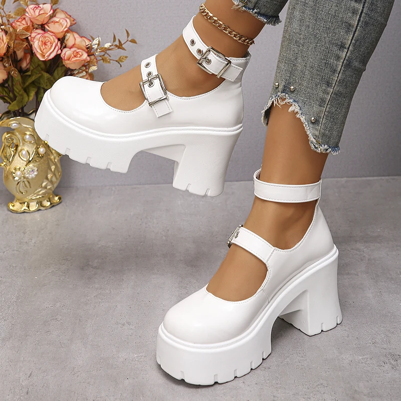 Lucyever White Y2K High Heels Pumps Women 2024 Spring Chunky Platform Mary Jane Shoes Woman Plus Size Thick Heel Gothic Shoes 42