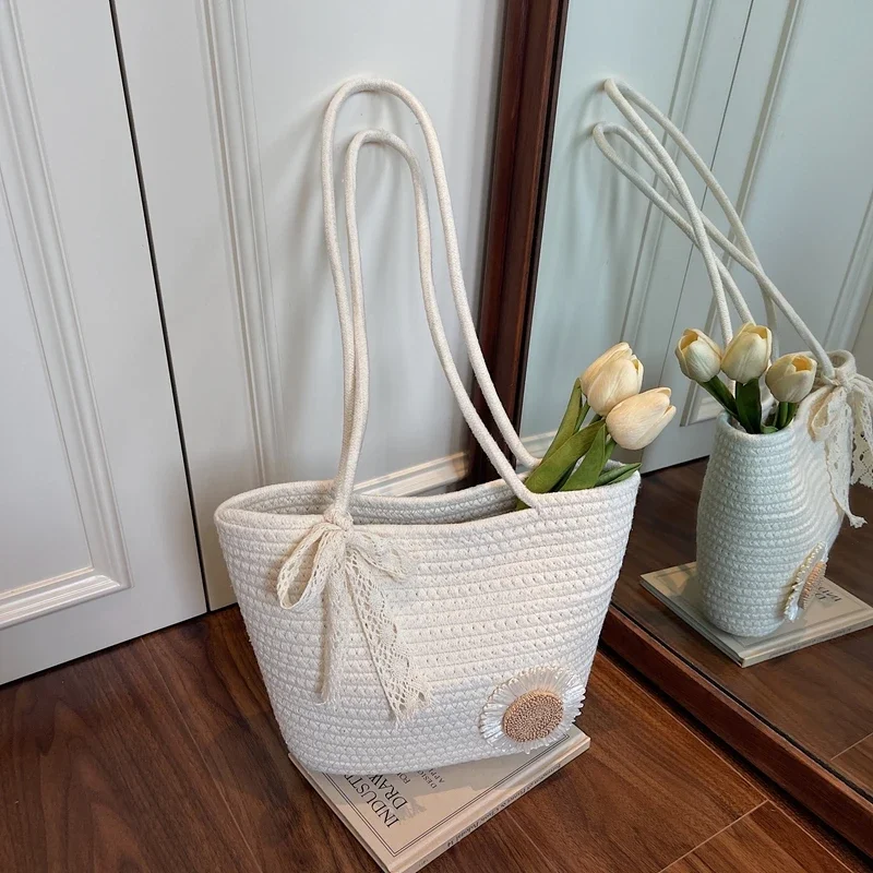 

Fabric Large Capacity Shoulder Bags Solid Color Flowers Ribbons 2025 Fashion Women's Bags Summer Vacation Women's Handbags