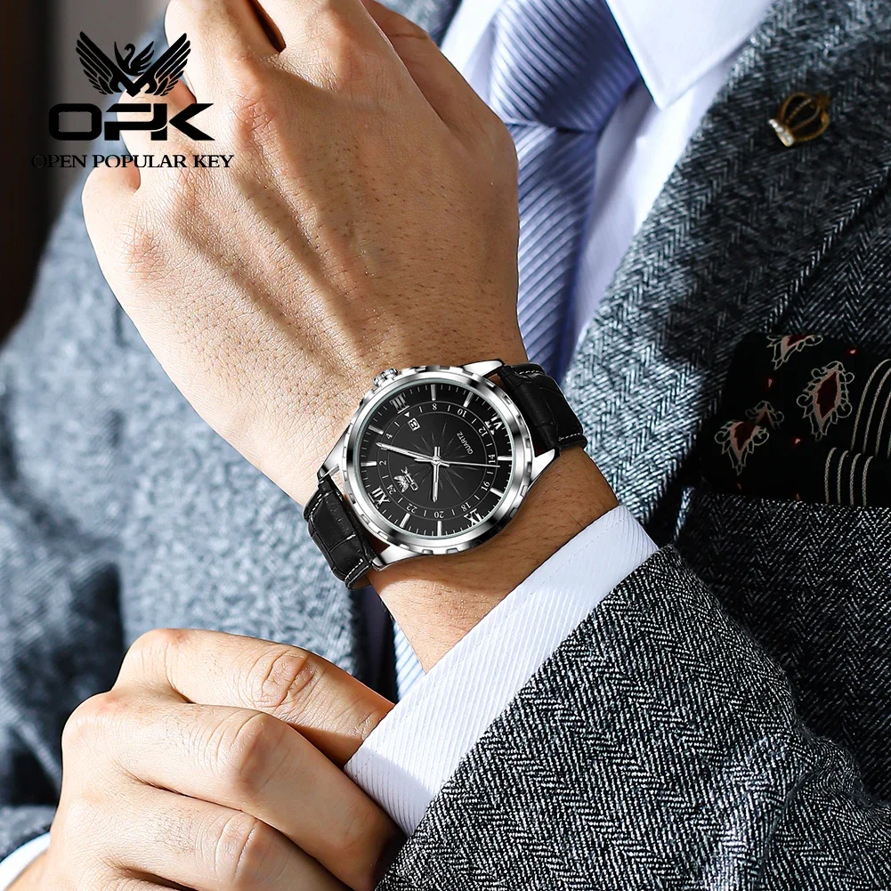 OPK 6003 New Fashion Retro Quartz Watch For Men Waterproof Luminous Calendar Leather Man Wristwatch Luxury Original Mens Watch