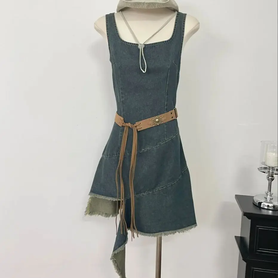 Retro irregular denim suspender Denim skirt women's summer new dress washed distressed ripped mini dress with belt