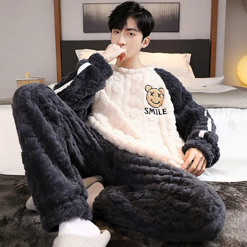 Pajama Coral Velvet Autumn and Winter with Velvet Thickened Flannel Winter Homewear Set Cosy Thermal Pajamas Both Men Women