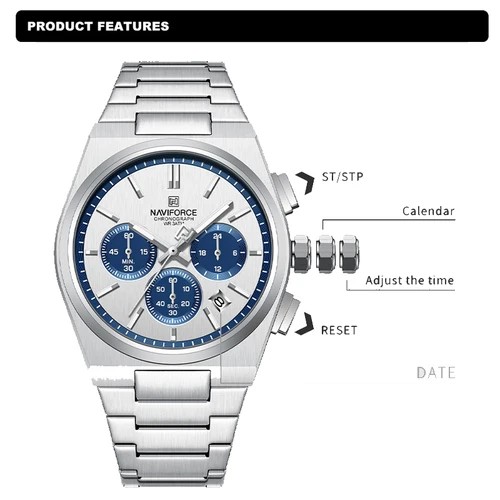Imagen 2 del producto NAVIFORCE relojes de cuarzo para parejas, relojes de pulsera con banda de acero a la moda para mujer, cronógrafo de cuarzo resistente al agua, relojes con indicador de fecha de 24 horas