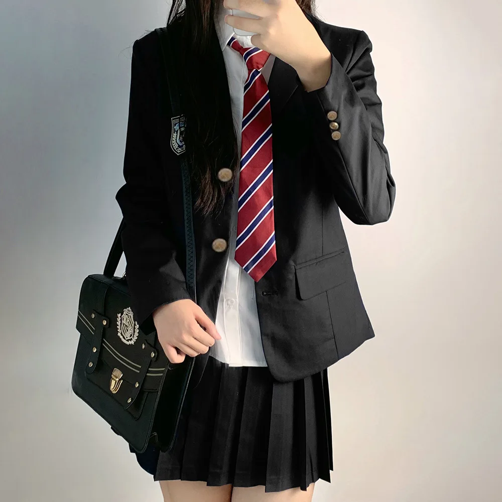 Women Suit Japanese School Uniform Jk Suit Girls Black Suit Thin Pleated Skirt Shirt Tie Four-piece Student Uniform