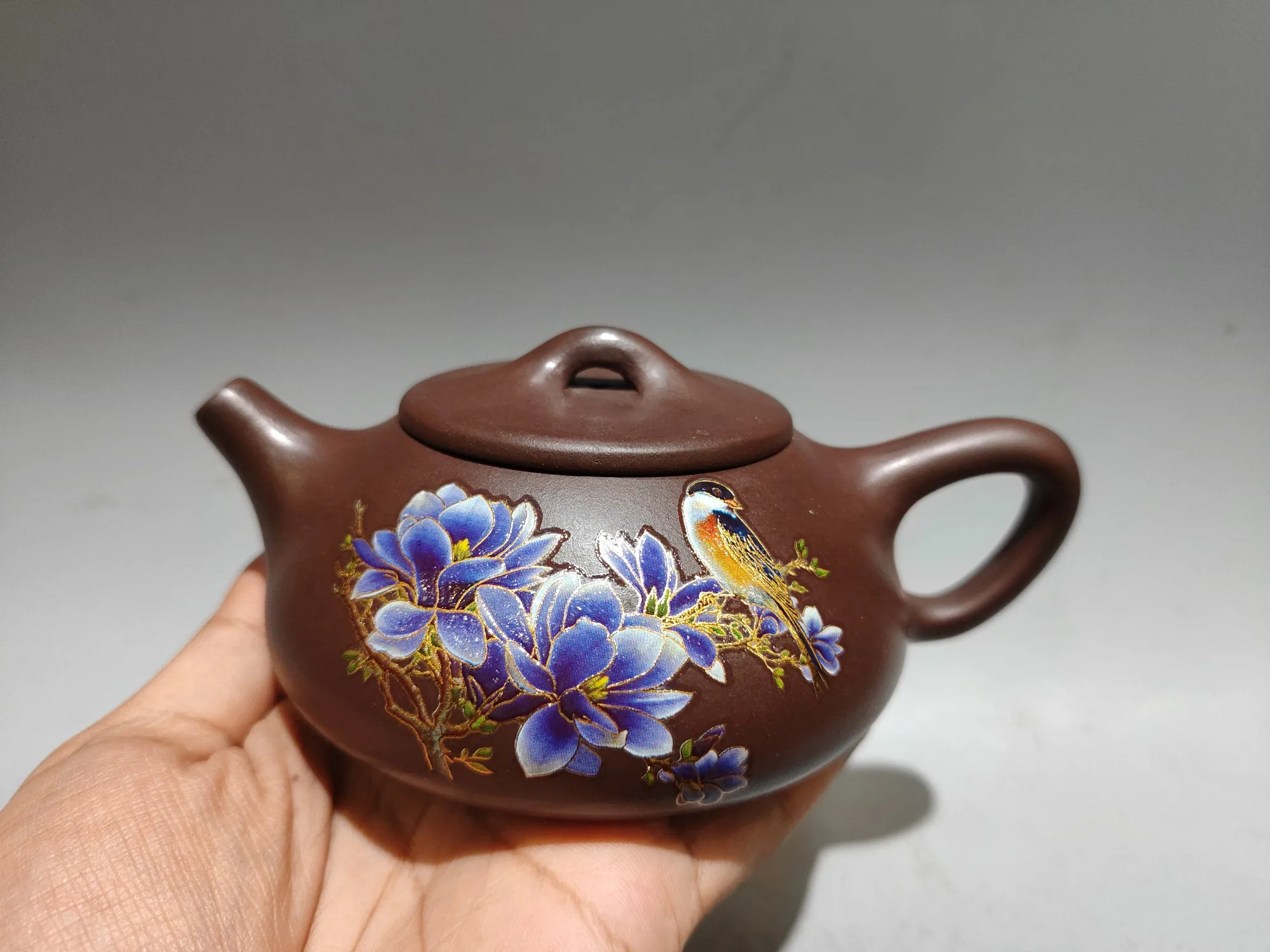Yixing Purple Clay Pot Painted Bird flower pattern Shi Piao Xi Shi kettle Teapot Flagon Amass wealth Ornaments