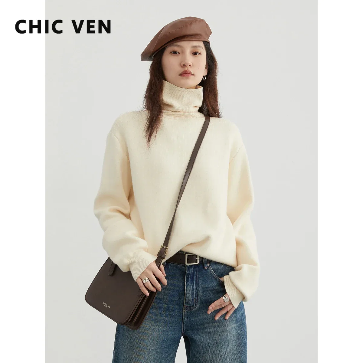 CHIC VEN Women Sweaters Long Sleeve Solid Turtleneck Basic Woman Jumpers Female Knitted Pullovers Tops Warm Autumn Winter 2023