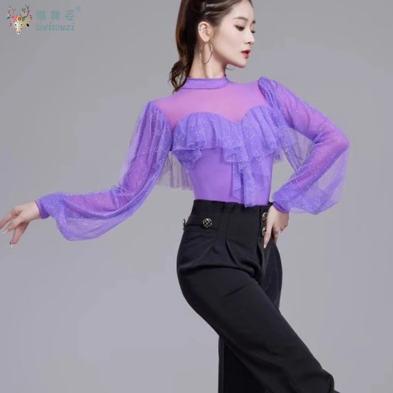 라틴 댄스 연습복 편안한 반소매 밝은 다이아몬드 탑 여성용 탱고 차차 의상 소셜 댄스 의류