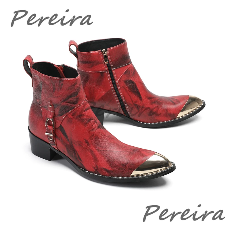 

Роскошные мужские ботинки челси с золотым острым носком, короткие ботинки из воловьей кожи с красным принтом, модные туфли на высоком каблуке с пряжкой и боковой молнией