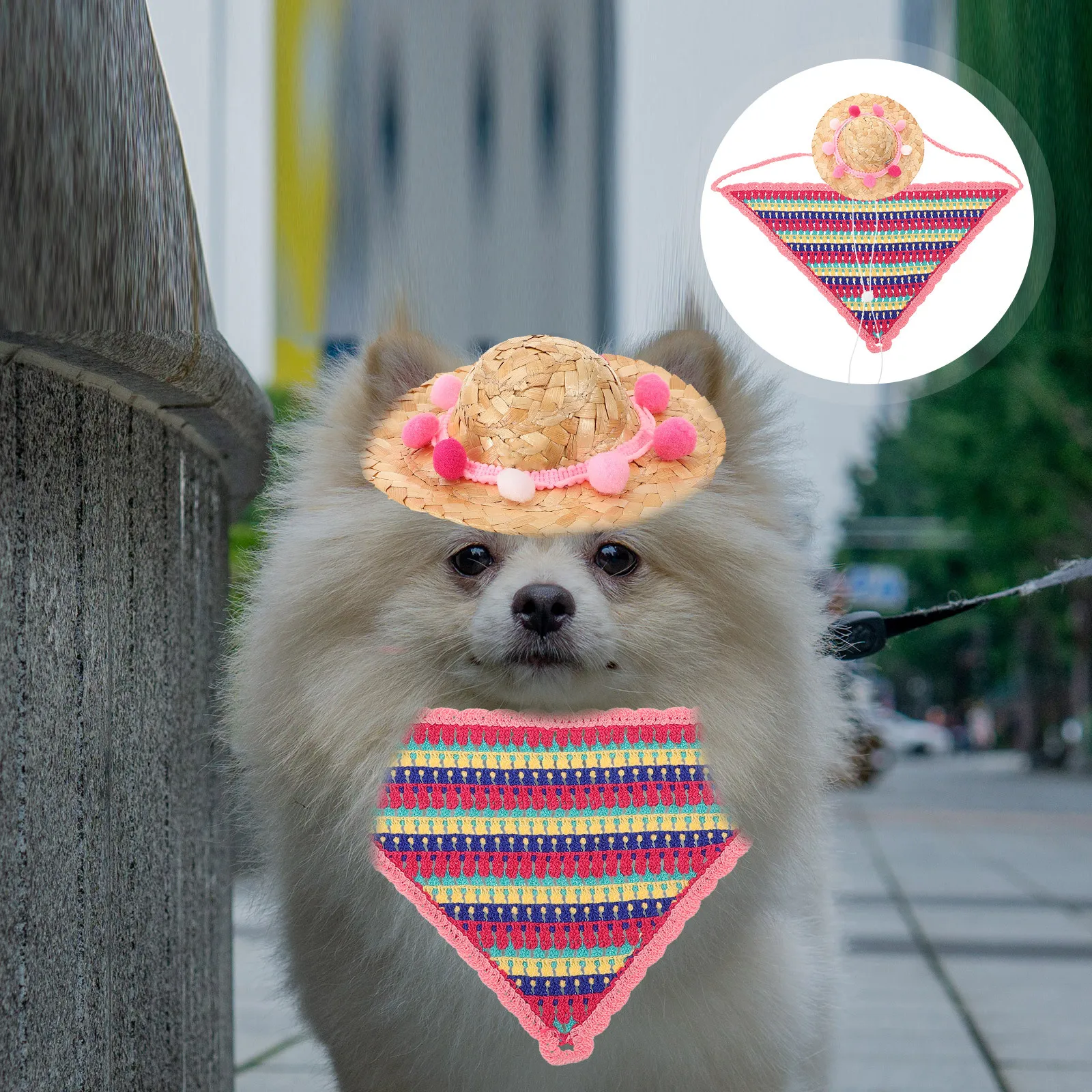 

1Set Pet Straw Hat Triangle Scarf Set for Dogs Cats Small Pets Summer Sun Protection Lightweight Woven Hat Bandana Costume Photo