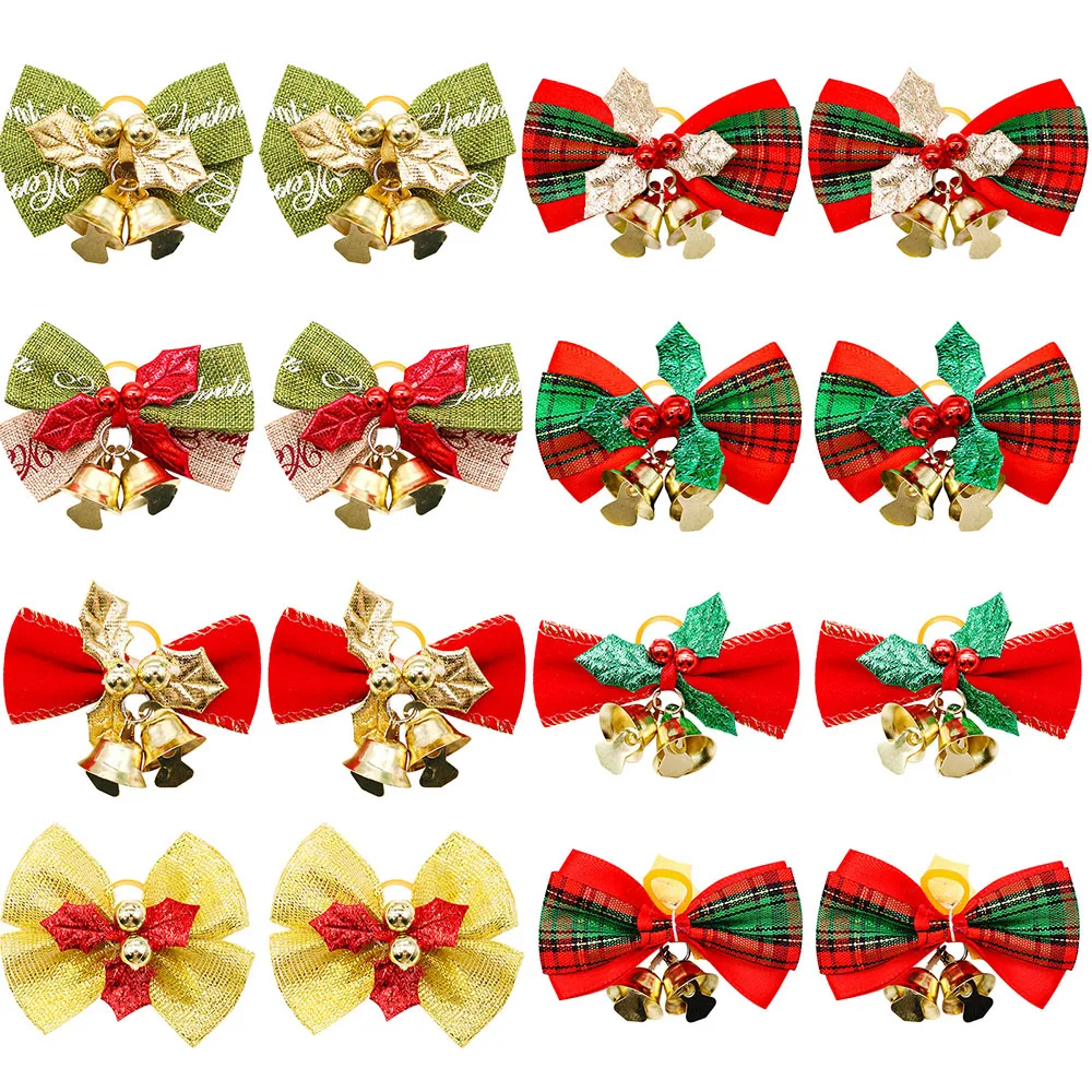 10PCS Christmas Dog Bows Handmade Grooming Accessories For Small Dogs Pet Puppy Bows Winter Cute Rubber Bands Dog Bowknots