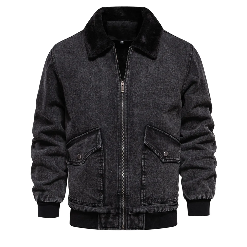 Winter New Men's Denim Jacket with Thick Fleece and Windproof Insulation, Full Zipper Fashion, Solid Color Men's Jacket