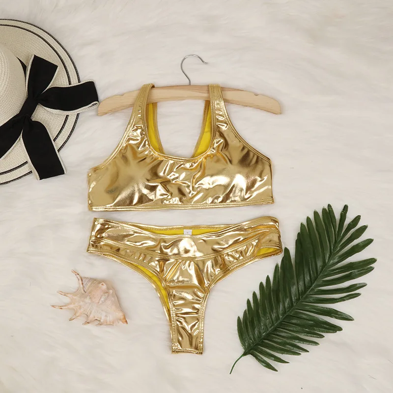 Sexy Triangle Push Up Bikini Metallic Brazilian Swimwear Women Golden Silver Side String Bikini Bathing Suit Beach Wear Biquini