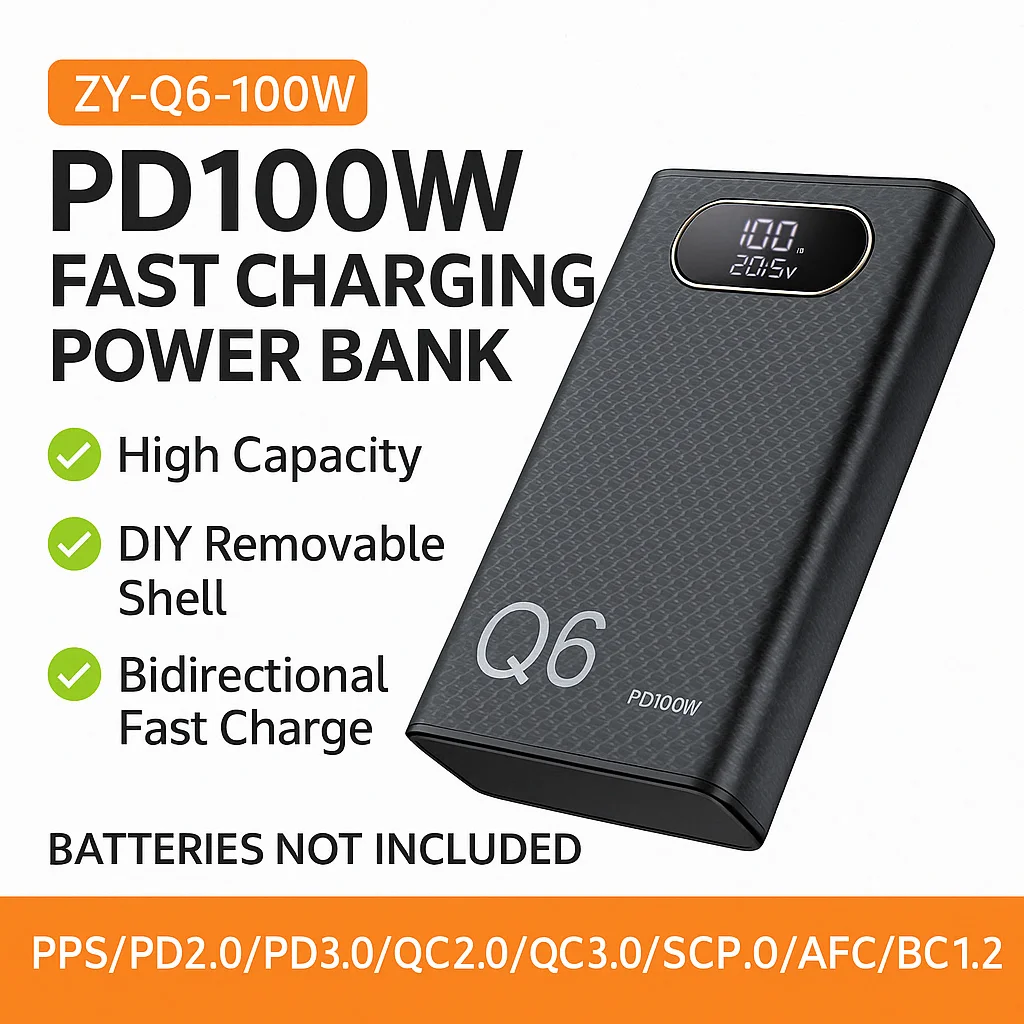 3HT PD100W Fast Charging Power Bank DIY Kit 20V 5A 6x 21700 Battery Pack Portable Customizable No Soldering Easy to Assemble