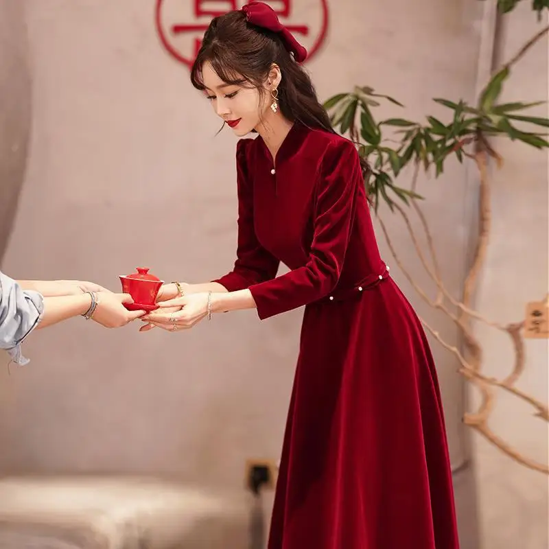

Ele Red Velvet Dr for Wedding Toast New 2024 Sle Suitable for Engagement Winter Formal Return Gift Dr