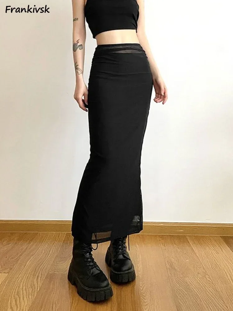 Long Skirts Women Y2k Slim All-match High Street American Retro Hotsweet Gothic Faldas Mujer Summer Chic Solid Clothing Party