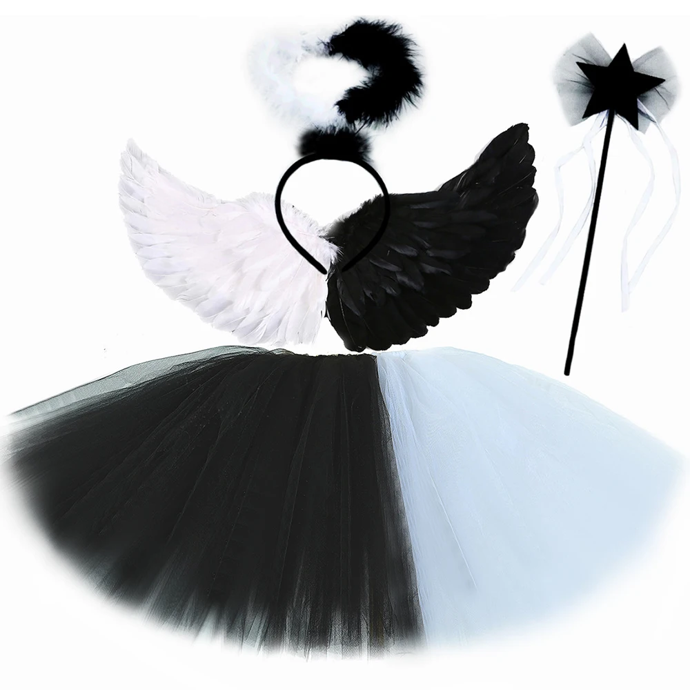 Twisted Angel Costume Girls Halloween Dress Up Black White Half Angel Half Devil Tulle Tutu Skirt Baby Kids Tutus with Wings Set