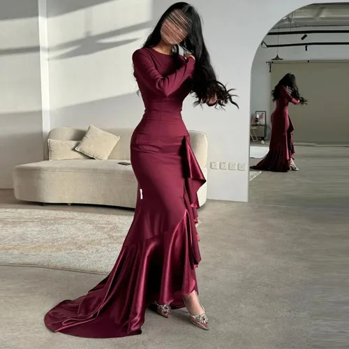 Vestido de noche de manga larga con cuello redondo, vestido de fiesta color burdeos, sirena con volantes, largo hasta el suelo, vestidos de fiesta formales para mujer de Dubai 2025