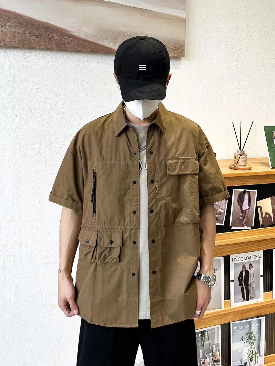 New Men\'s Shirt Casual Retro Loose Short Sleeve Outdoor Lapel Multi-Pocket Work Jacket Fashion Trend Streetwear Men\'s Clothing