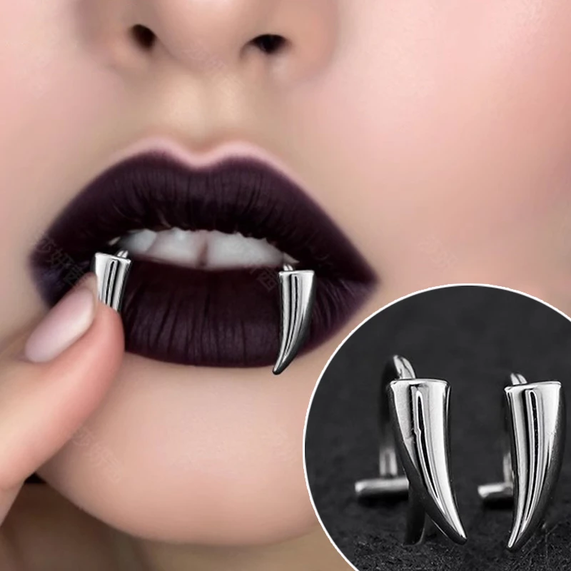 2 Stück Edelstahl personalisierte scharfe Zähne Fake Piercing Lippenring Punk übertriebener Schmuck für Frauen Gothic Körperschmuck