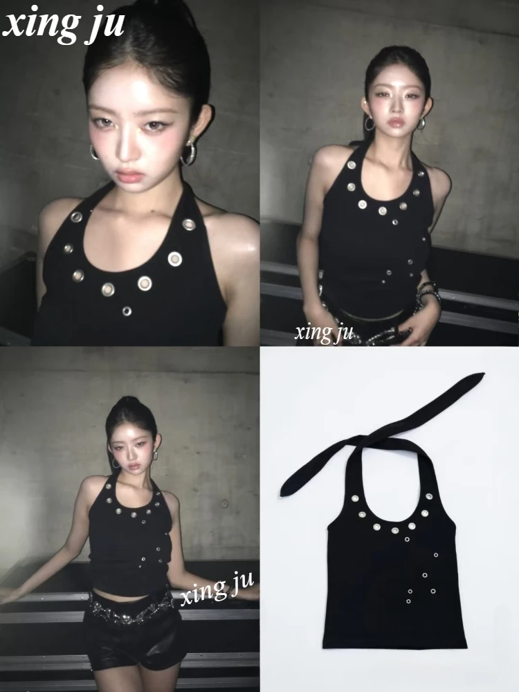 

Kpop Korean Singer Summer Sexy Black Halter Sling Vest Hollow Out Short Tops Women Jazz Dance Costumes Stage Hip Hop Dance Wear