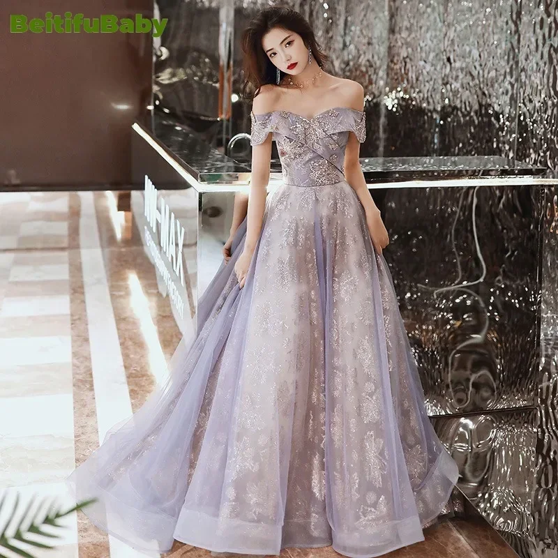 BeitifuBaby Elegant Strapless Evening Dresses for Women Retro Sleeveless Lace-up Appliques Sequins Banquet Formal Party Dress