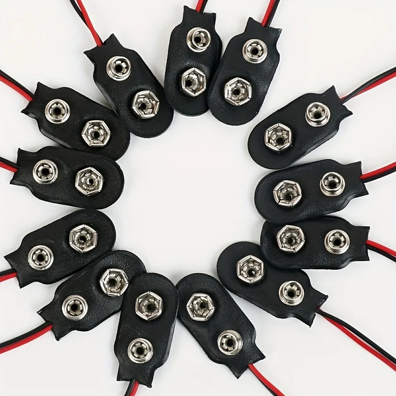 10pcs 15cm Long 9V Battery Snap Connectors - Black Steel Contacts with Red and Black Wires, Ideal