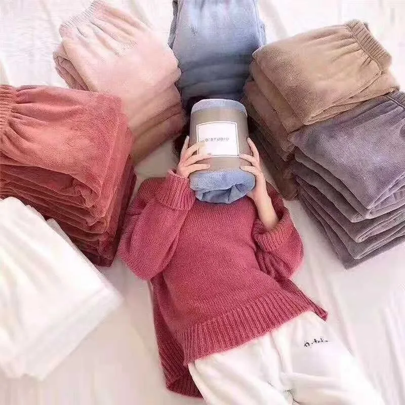 Leisure Thermal Pants Women Korean Fluffy Coral Fleece Lounge Pants Warm Soft Sleeping Pants for Home Travel Winter