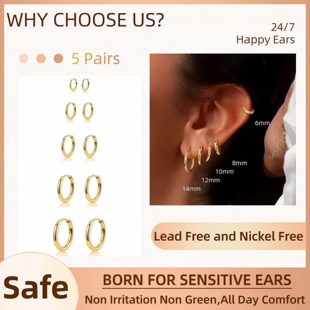 5 Pairs 14K Gold Plated Huggie Hoop Earrings for Women -Hypoallergenic Everyday Jewelry for Sensitive Ears Multiple Piercing Set