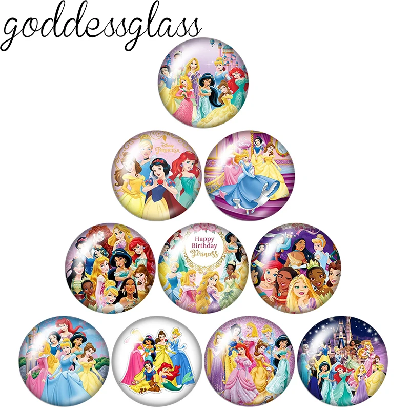 Prinzessinnen-Partykleid Belle Ariel Aurora Runde 12mm/18mm/20mm Fotoglas-Cabochons mit flacher Rückseite für Schlüsselanhänger-Schmuckherstellung