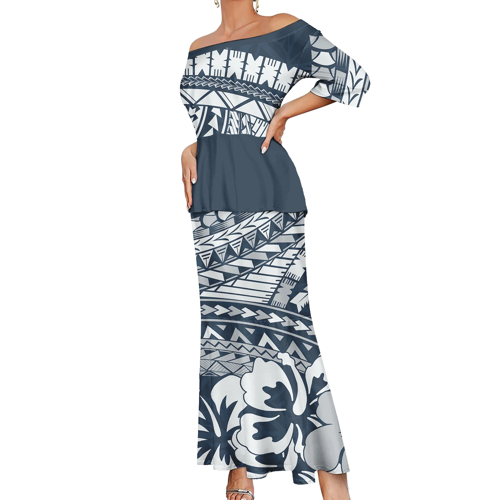 Latest Polynesian Tribal clothing Off Shoulder Samoan Puletasi Dresses For Women Custom Print evening party puletasi samoa set