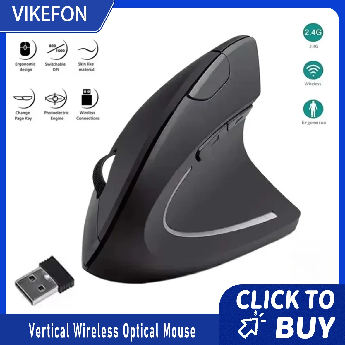 Ratón Vertical ergonómico 2,4 GHz ratón óptico inalámbrico 3 DPI ajustable 800/1200/1600 6 botones para ordenador portátil PC de escritorio