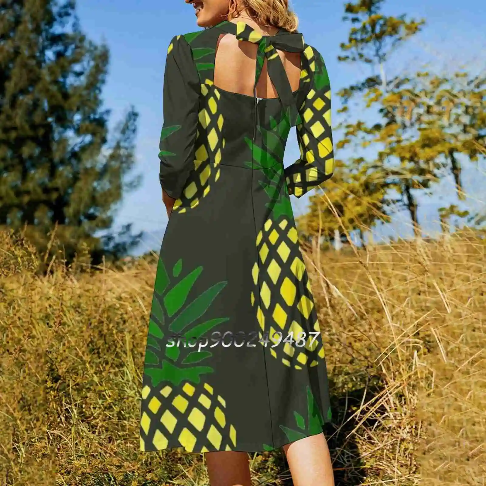 Pineapple Square Neck Dress Cute Loose Print Dresses Elegant Beach Party Dress Pineapple Food Eat Summer Yellow Green Lifelike