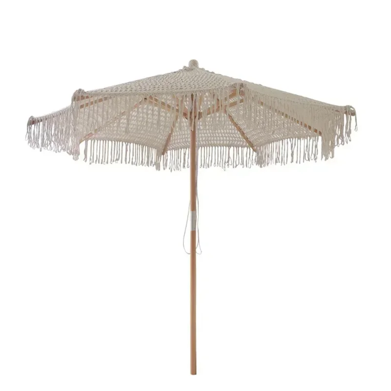 Bohemia Cotton Rope Parasols 2.5M Wooden Pole Handmade Tassels Woven Canopy Beach Umbrella With Macrame Fringe