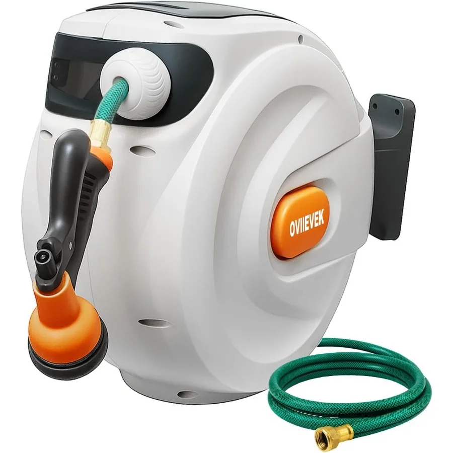 Carrete de manguera de jardín retráctil, manguera montada en la pared de 1, 2 pulgadas x 100 pies para uso en patio y jardín al aire libre, soporte giratorio 180 con Bu