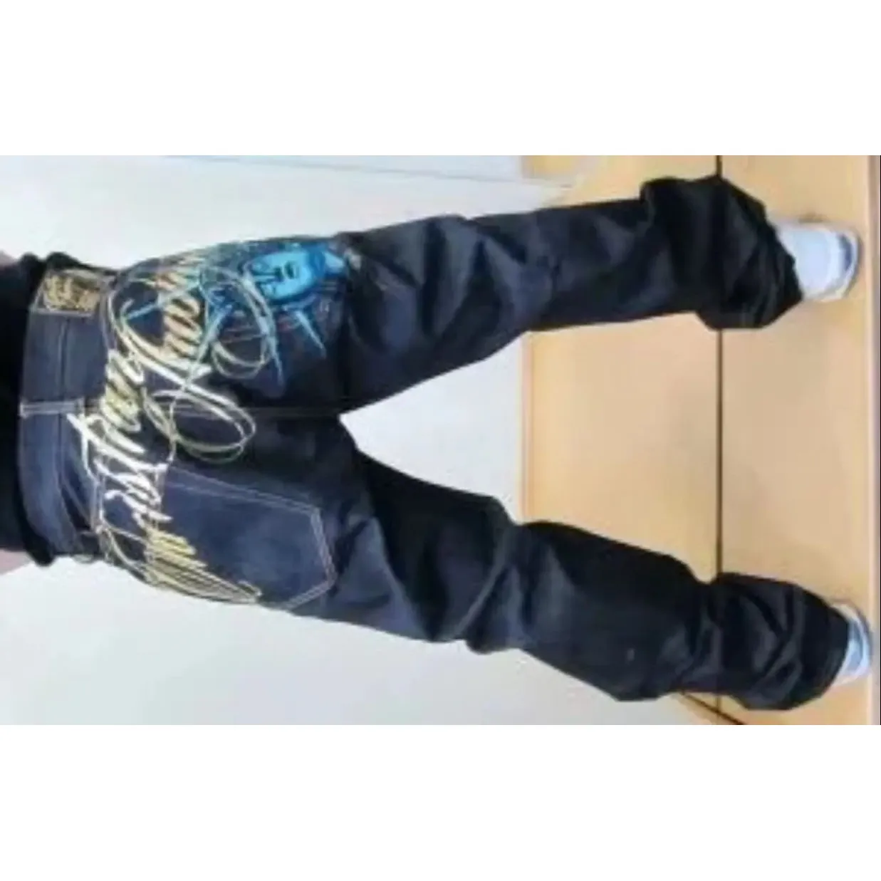 

Y2K American New Pattern Embroidery Baggy Jeans High Waist Men's Casual Straight Leg PVC Fabric Clean Fit Neutral Sle