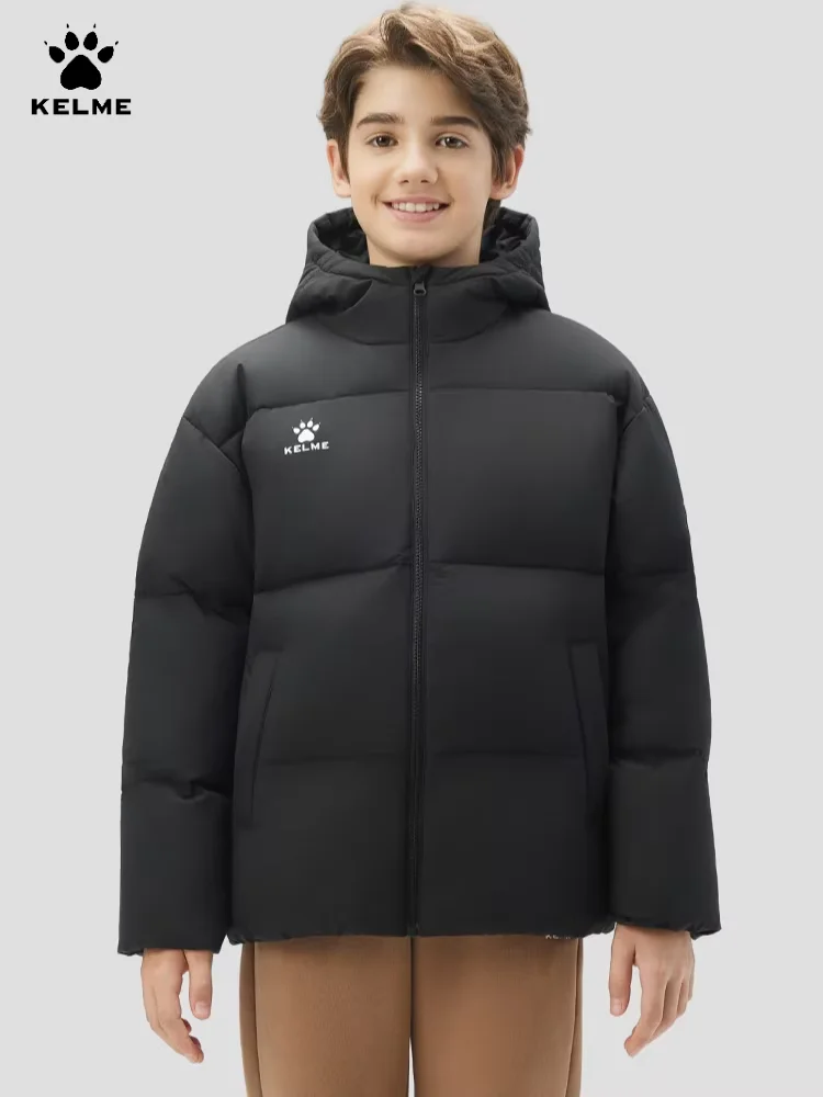

Детский толстый теплый пуховик Kelme для занятий спортом на открытом воздухе, ветрозащитная куртка с капюшоном, тренировочная куртка для бега для мальчиков