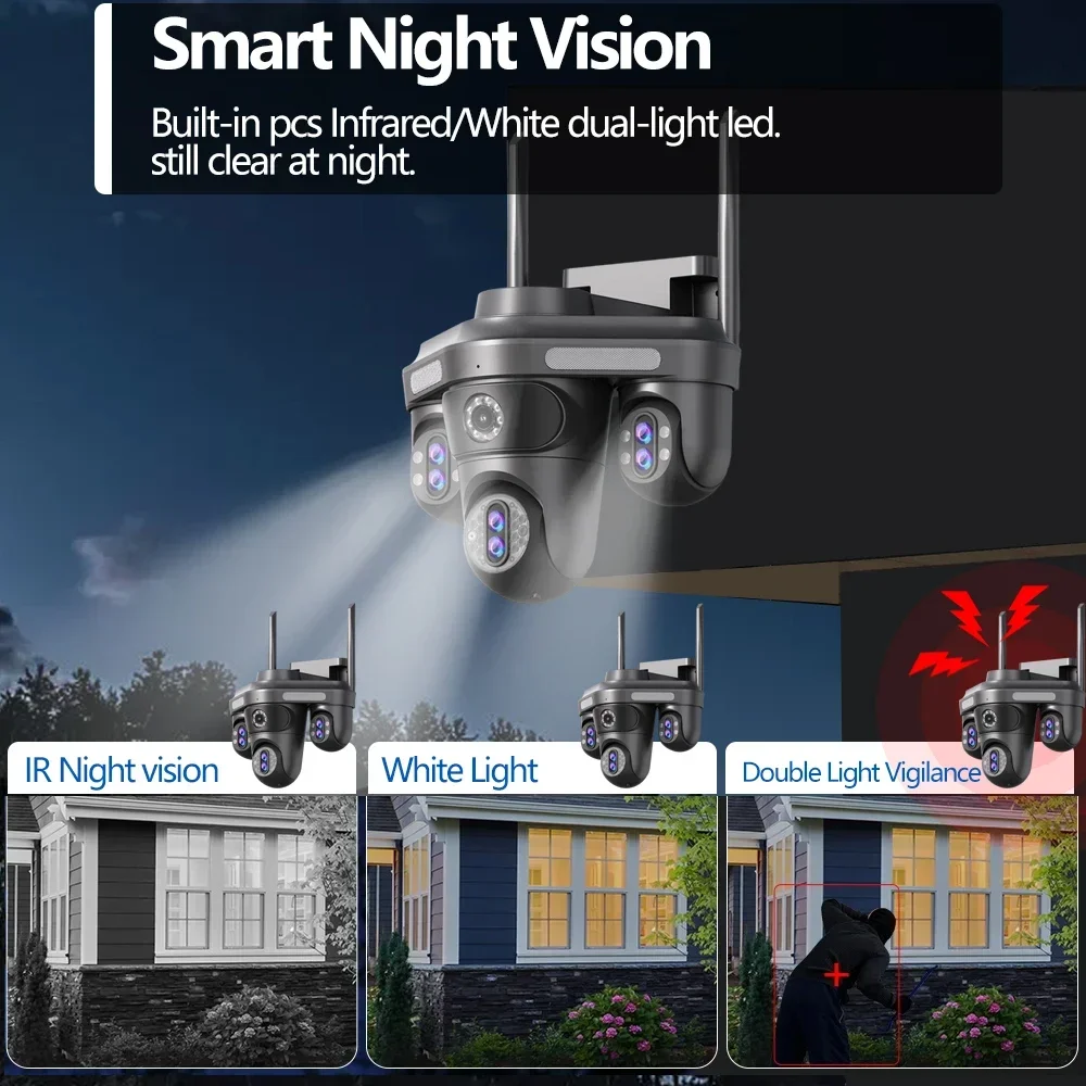 4K 10X Zoom Wifi PTZ Security Camera Auto Tracking Outdoor Seven Lens Four Screen Panoramic View CCTV Video Surveillance Camera