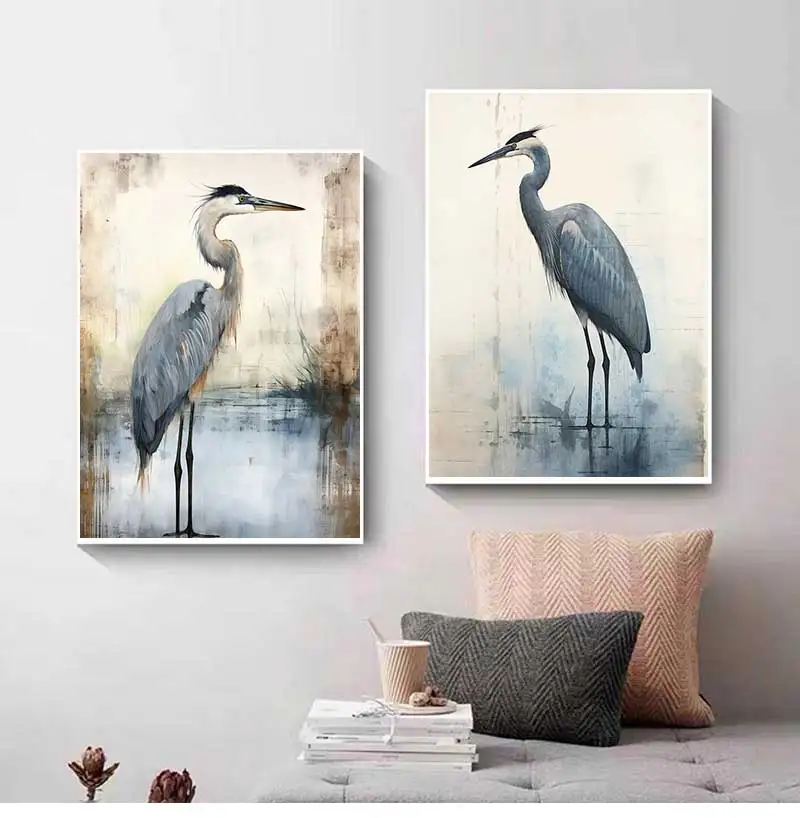 الرجعية الأزرق هيرون المائية نمط الحد الأدنى مارش الطيور الفن الملصقات حائط لوح رسم يطبع صور الساحلية غرفة ديكور المنزل