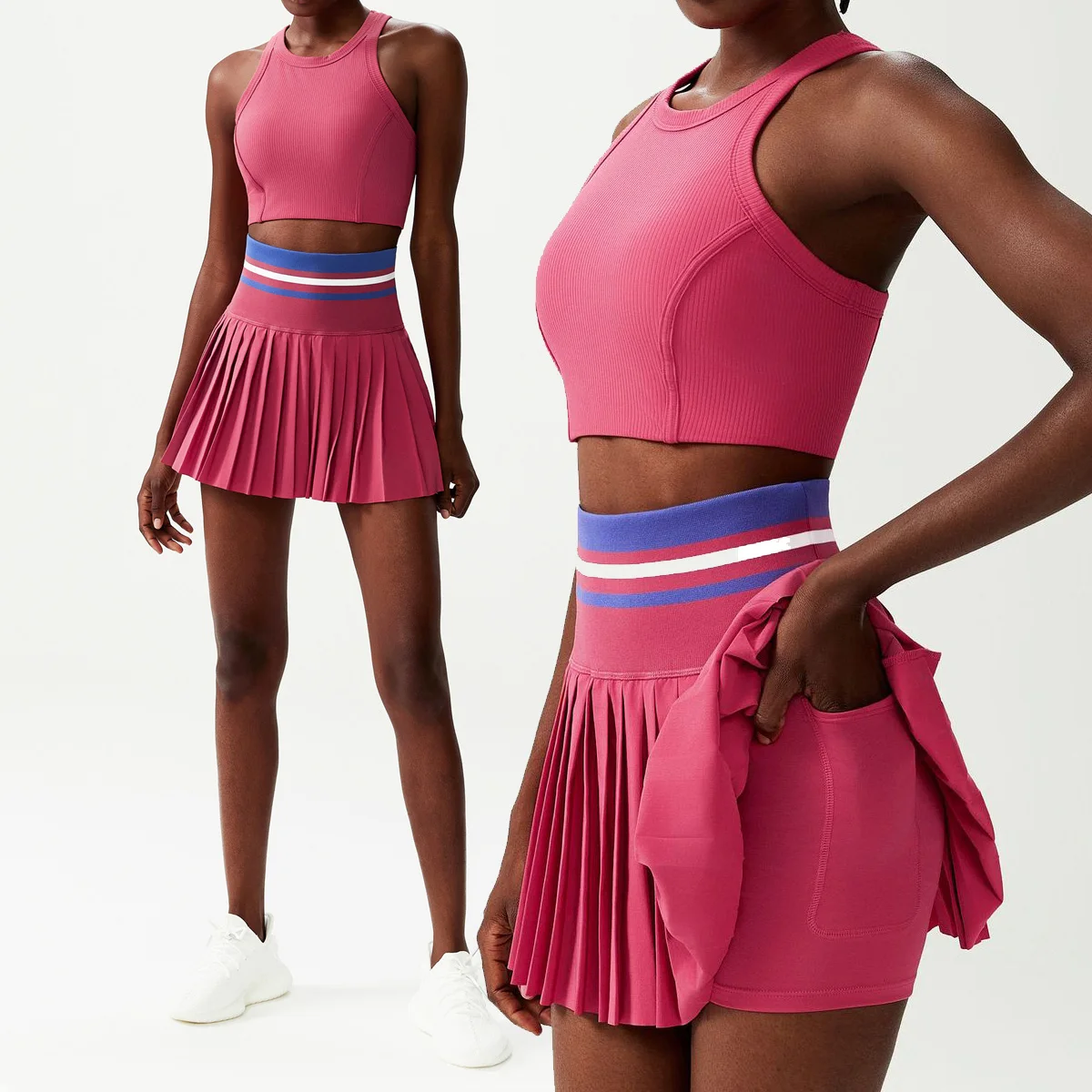 

Женская короткая спортивная одежда, комплект из 2 предметов для фитнеса, йоги, теннисная юбка с высокой талией, укороченный топ, спортивный костюм, женский спортивный костюм для спортзала, тренировочная одежда