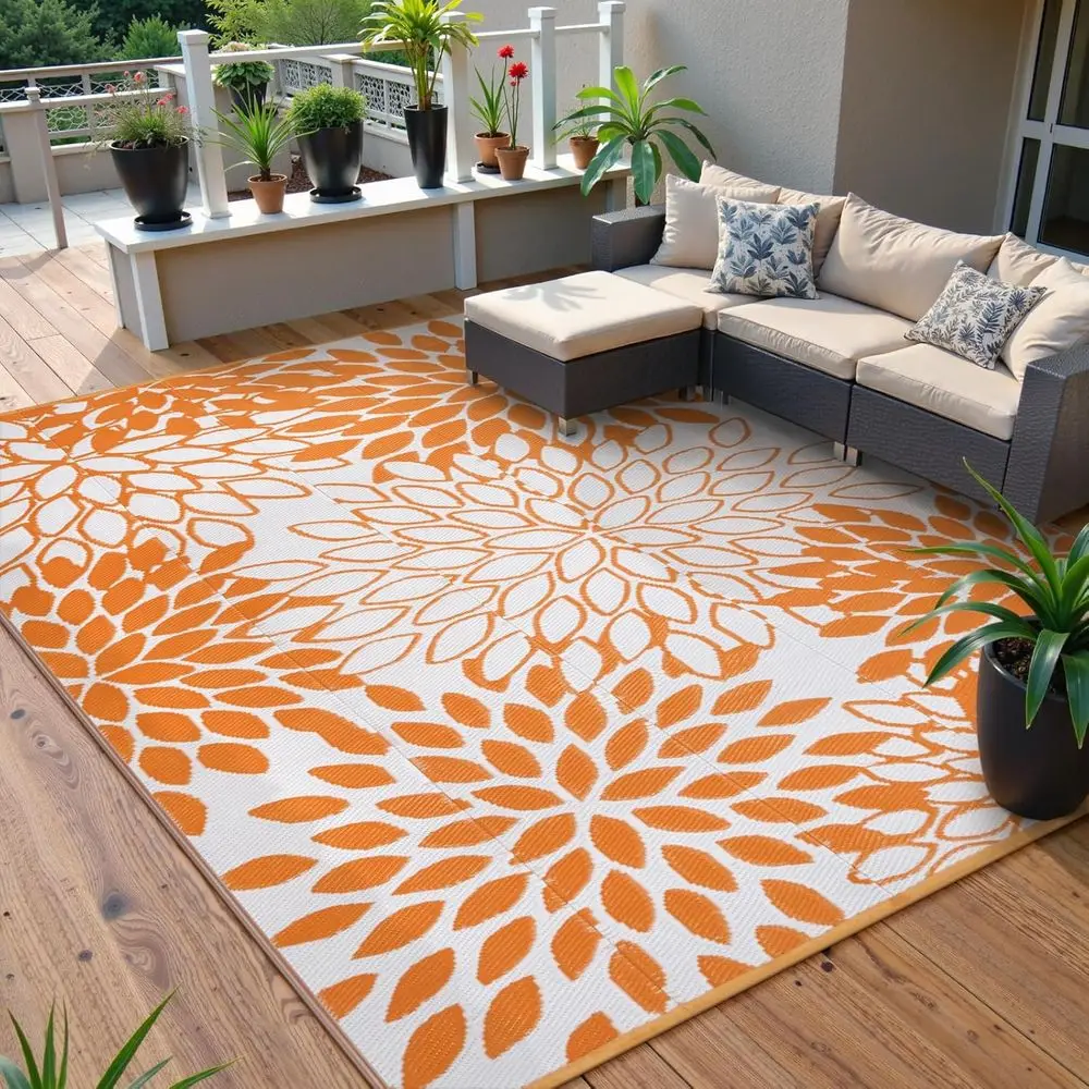 

Waterproof Reversible Tropical Outdoor Rug, 8x10 for Patio, Deck, RV, and Camping (Orange)