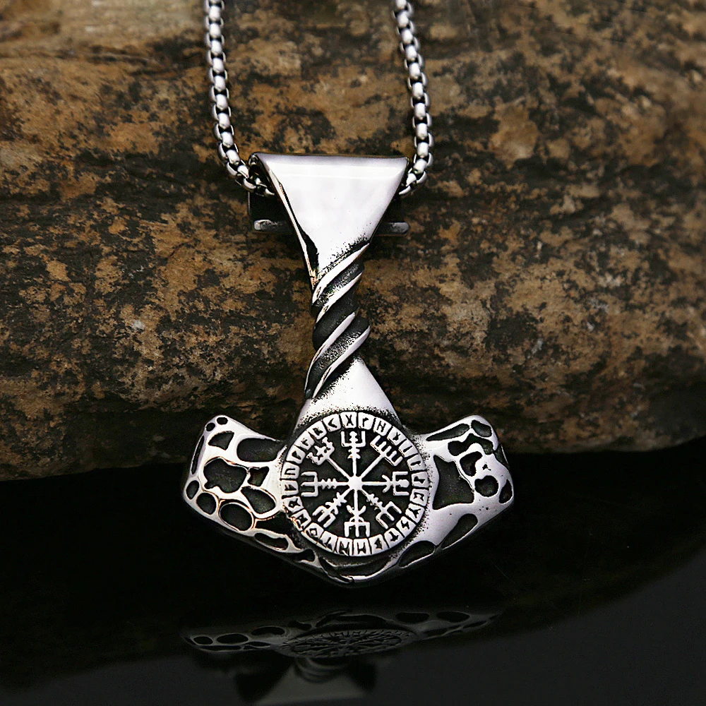 Vintage Unqiue Male Thor Hammer Necklace 316L Stainless Steel Nordic Compass Pendant Fashion Amulet Jewelry Gifts Dropshipping